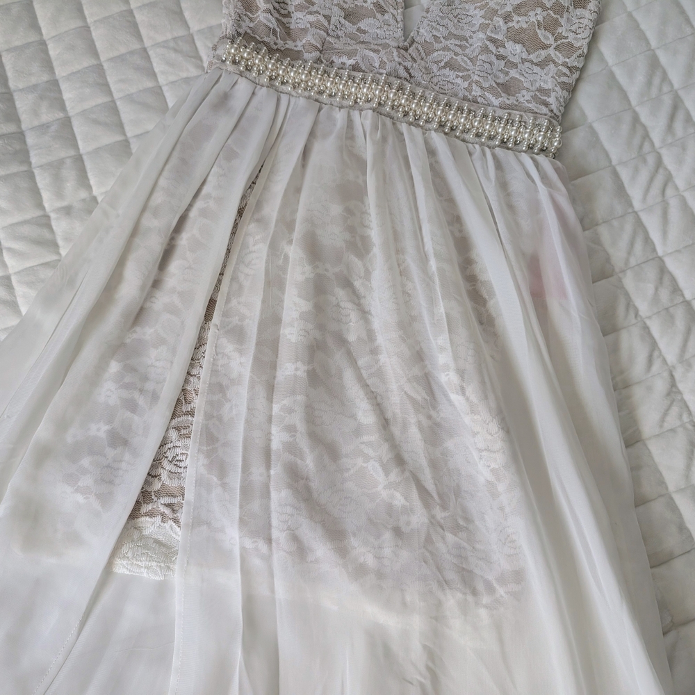 Crystal Doll Tan and Cream Dress Lace Overlay Beaded Waist Size 7 - Picture 6 of 6